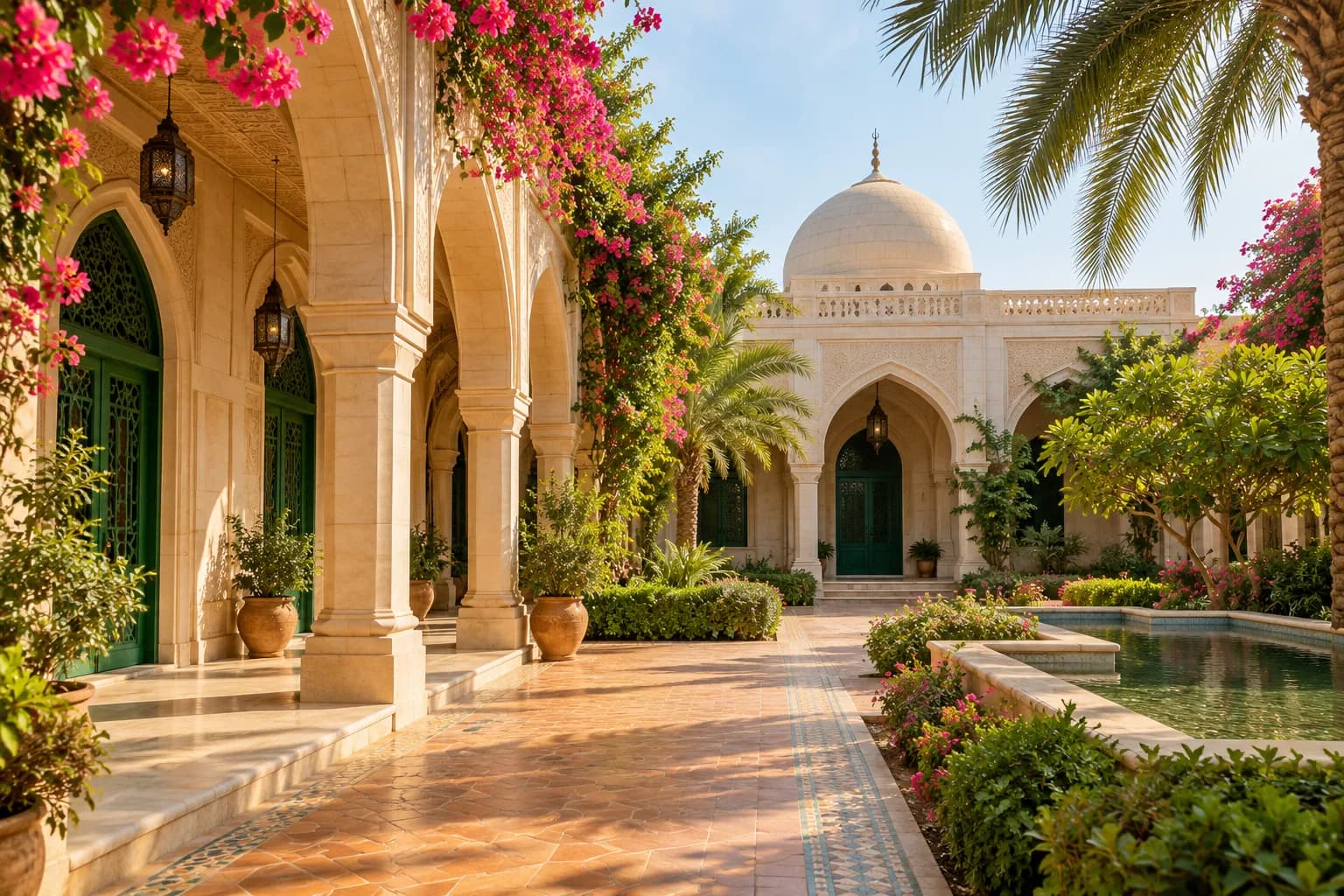 Fictional Islamic institute courtyard with sandstone arches and flowering plants
