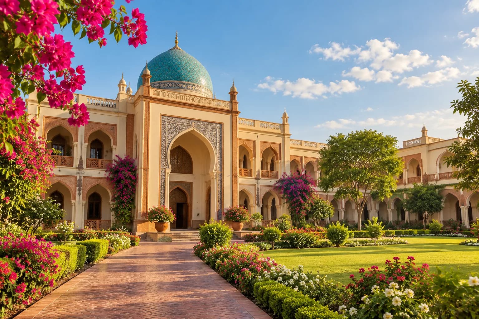 Fictional Islamic campus building with a turquoise dome and landscaped gardens
