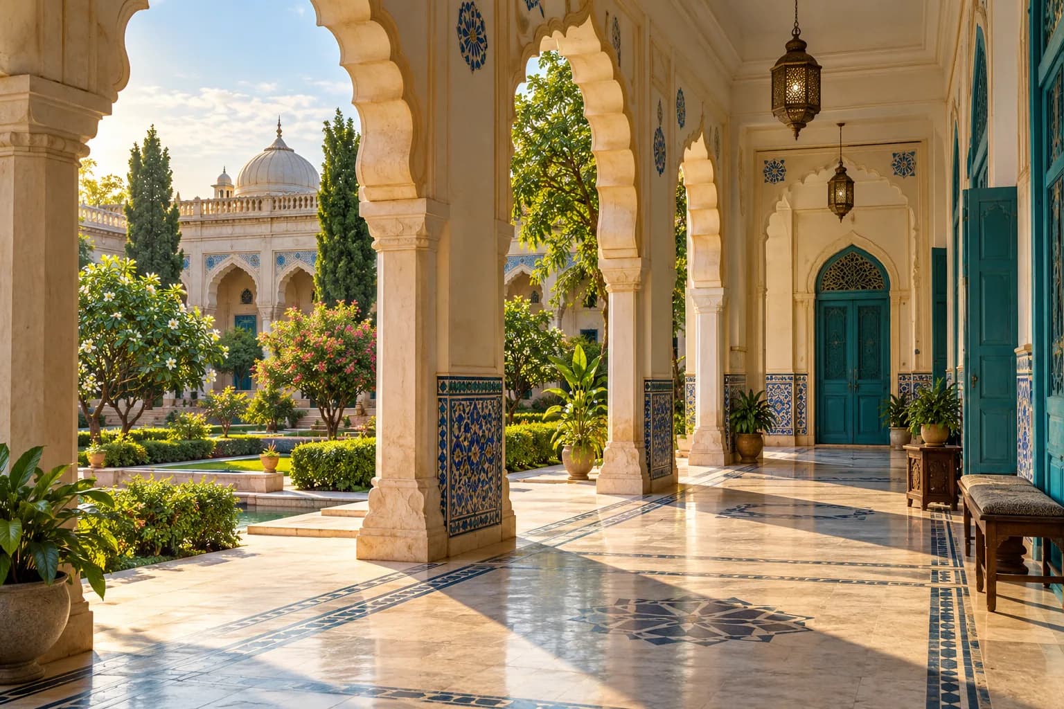 Fictional institute veranda with shaded arches overlooking a green garden
